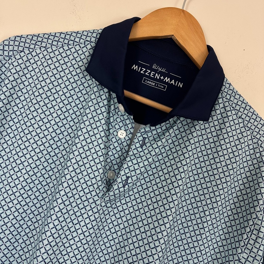Mizzen+Main Phil Mickelson Polo Shirt Blue Geometric Cutaway Collar Golf Mens L